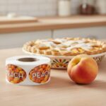 peach label on roll of sticker next to a pie and a peach