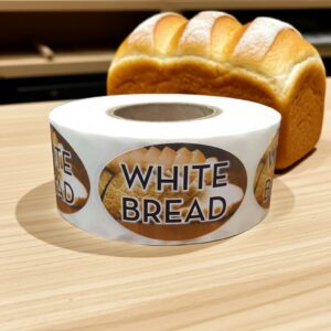 white bread label on a roll of stickers with bread pictured on the label