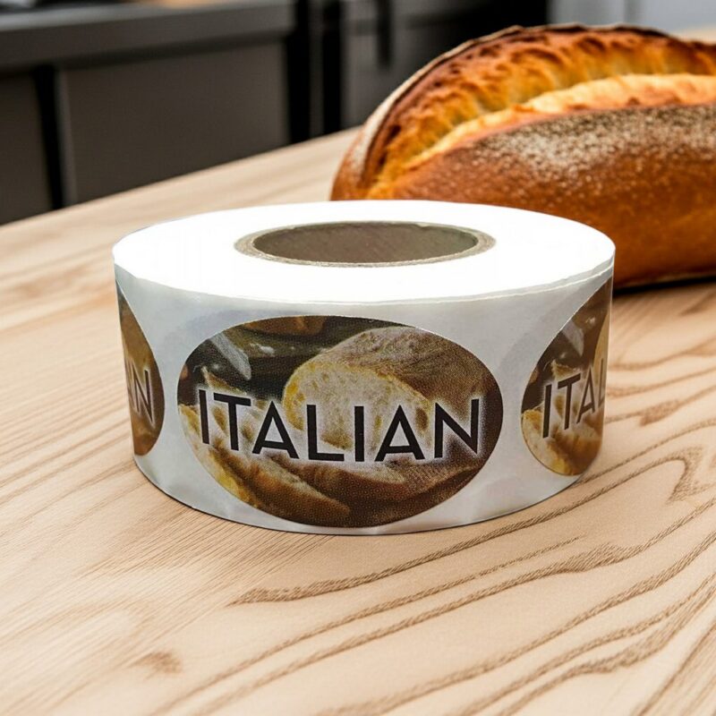 560045-Italian-Bread-Label-Bakery-Bread-Sticker Italian bread sticker on roll of labels showing bread and the work Italian on the label