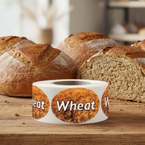 Wheat label with wheat shown on the label and the text wheat in white on the sticker