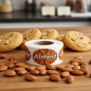 almond sticker on roll of labels
