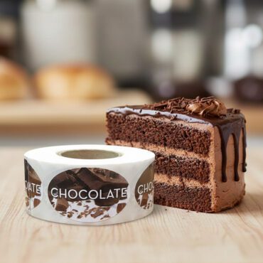 chocolate sticker on roll of labels showing chocolate on the sticker