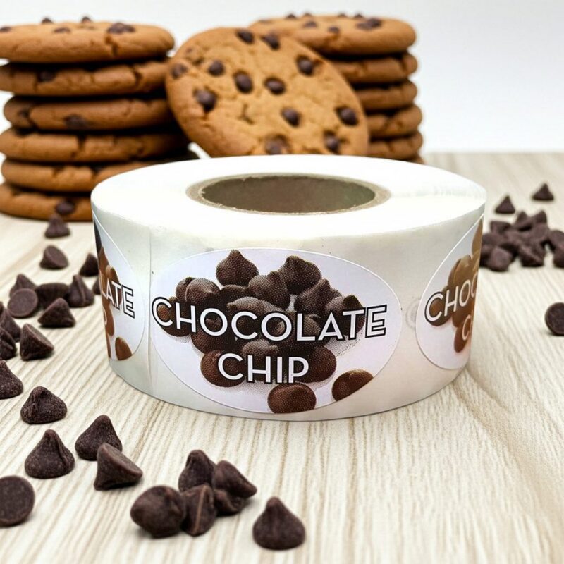 560062-Chocolate-Chip-Label-Stickers-Bakery-Identification-Flavor-Sticker2 chocolate ship sticker with chocolate chips shown on the sticker