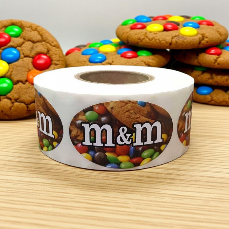 560066-M-and-M-Cookie-Label-Stickers M&M Cookie sticker showing colored candies in cookies