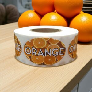 orange flavor sticker with oranges pictured on label