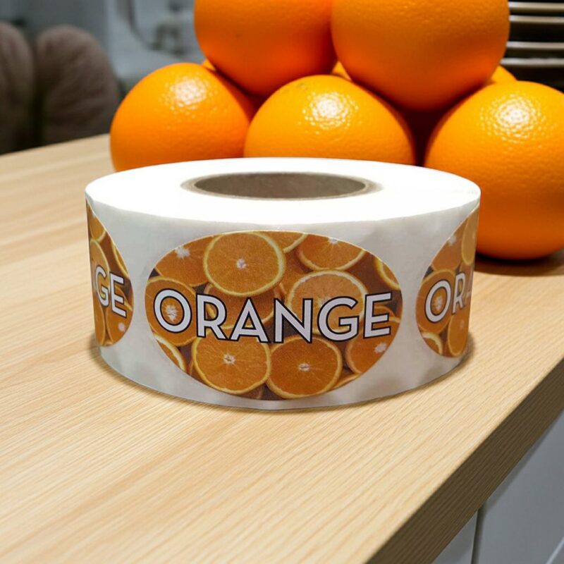 560068-Orange-Flavor-Stickers-Label-Stickers orange flavor sticker with oranges pictured on label