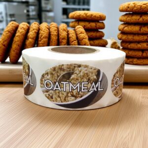 oatmeal flavor sticker with oatmeal pictured on label