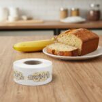 banana label showing slices of bananas in the background on a roll of stickers next to banana bread
