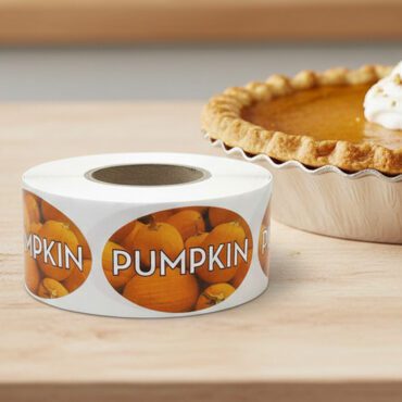 pumpkin sticker with pumpkins pictured on the label