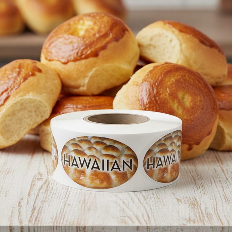 Hawaiian buns label on a roll of stickers