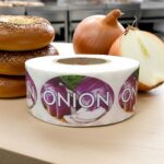 Onion label on a roll of stickers with onions pictured