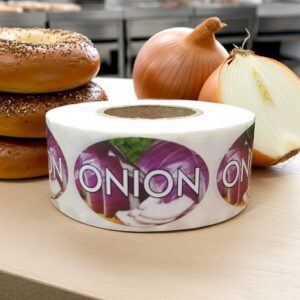 Onion label on a roll of stickers with onions pictured