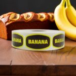 banana label on a rectangle label with brown background and yellow banana text