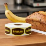banana label on a rectangle label with brown background and yellow banana text next to banana bread
