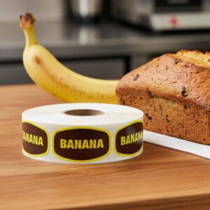 banana label on a rectangle label with brown background and yellow banana text next to banana bread