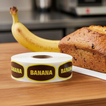 banana label on a rectangle label with brown background and yellow banana text next to banana bread