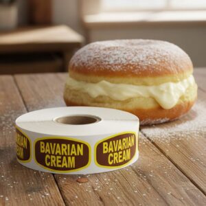 bavarian cream label on a rectangle label with brown background and yellow bavarian cream text next to a donut
