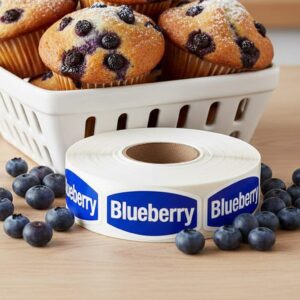 blueberry label with blueberry text on a blue background