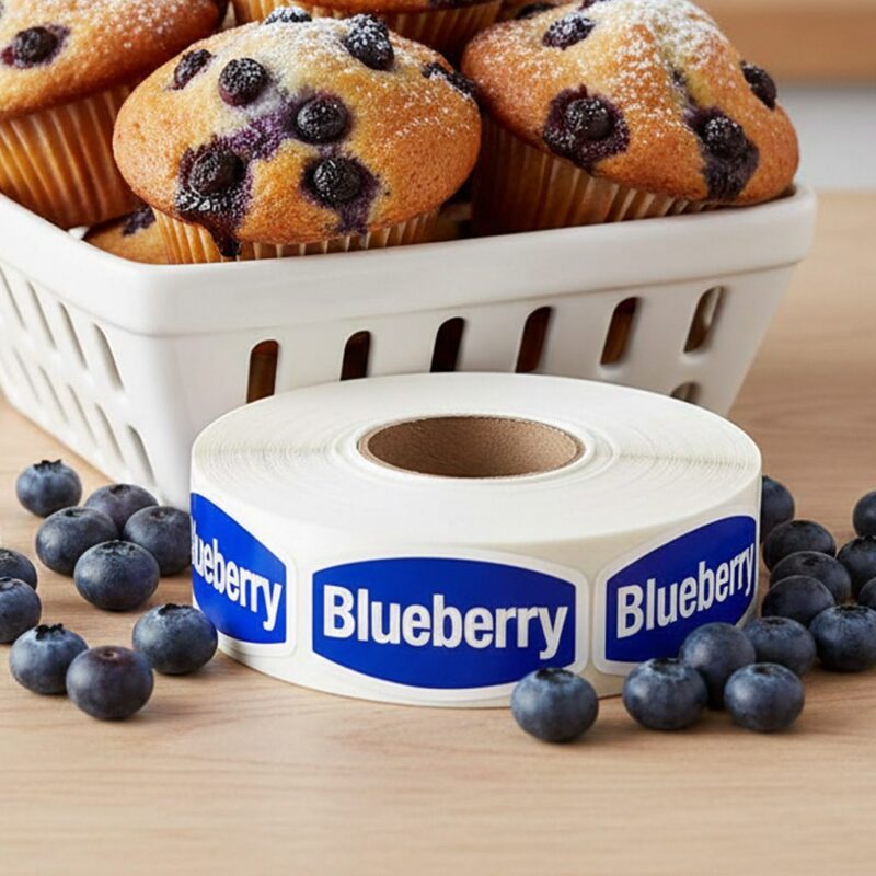 blueberry label with blueberry text on a blue background