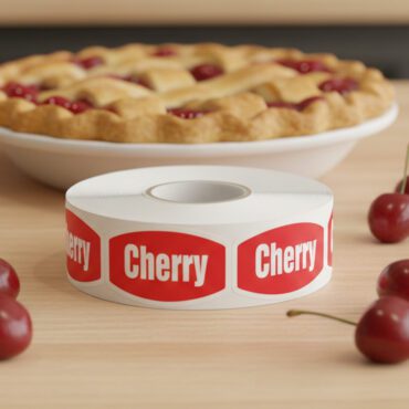 cherry sticker with read background and white text show with cherries