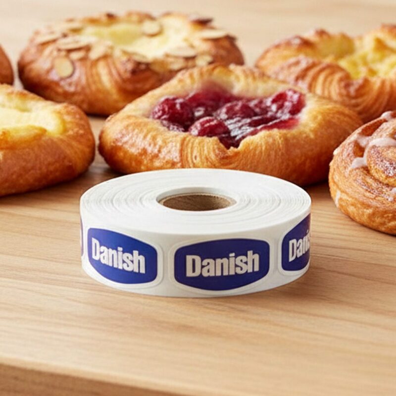 danish sticker on a blue label with white print