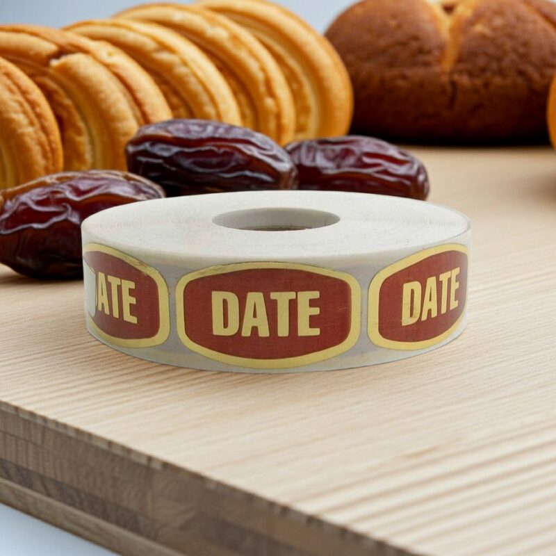 568030-Date-Label-Bakery-Flavor-Stickers date label on a gold foil stickers shown with several date fruits