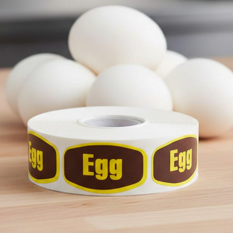 egg label on a sticker with brown and yellow print