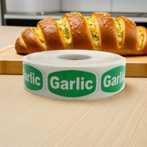 garlic sticker on a green label