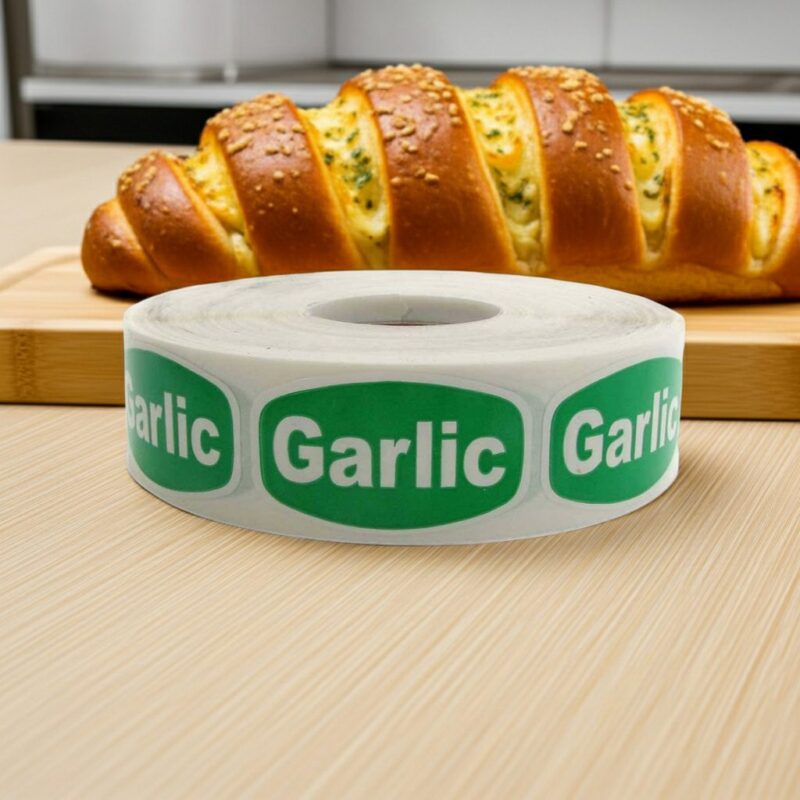 garlic sticker on a green label