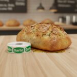 garlic sticker on a green label with white print