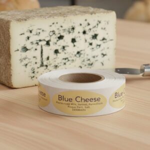 Blue Cheese cheese sticker on gold foil label