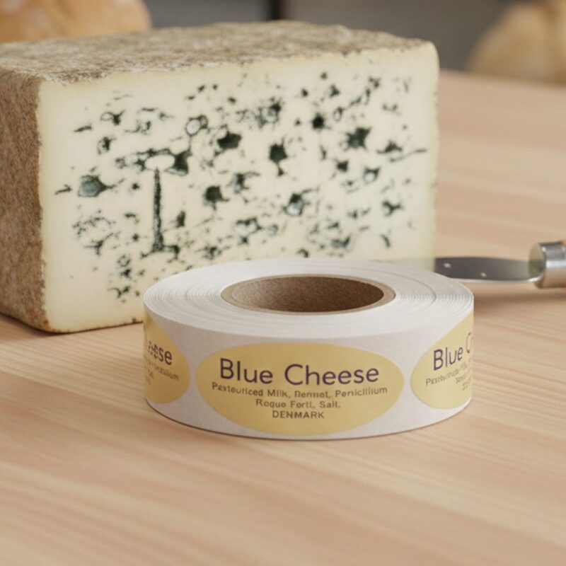 Blue Cheese cheese sticker on gold foil label