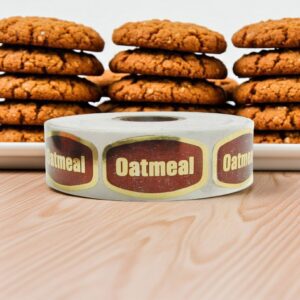oatmeal label on a gold foil sticker with oatmeal cookies behind it