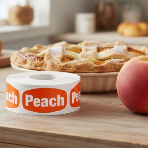 peach sticker on a orange label with white print
