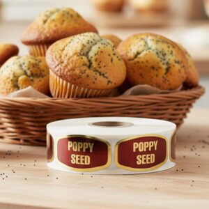 poppy seed sticker on a gold foil label