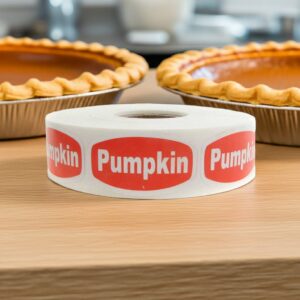 pumpkin sticker on orange label with white text