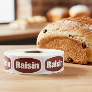 raisin sticker on brown label with white print