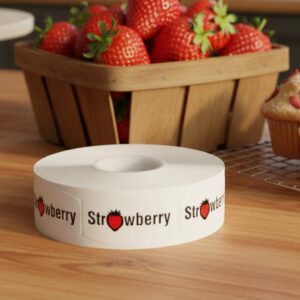 strawberry sticker with black text and a strawberry for the A