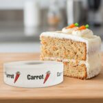 carrot cake label with black text and image of carrot