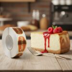 cheesecake sticker on a roll of labels next to slice of cheesecake