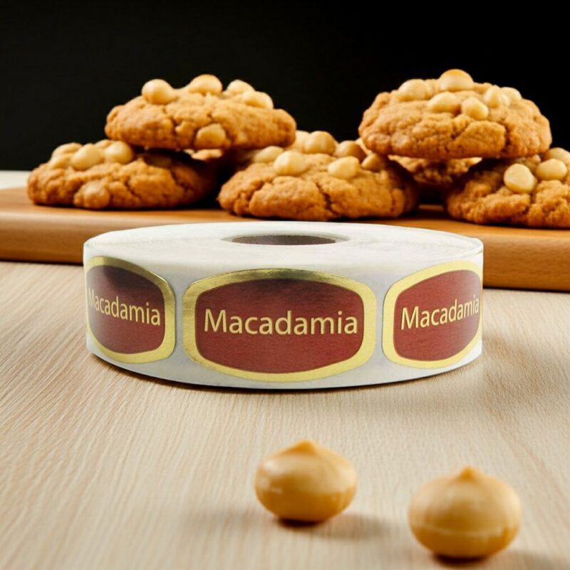 macadamia sticker on a gold foil label in front of macadamia cookies