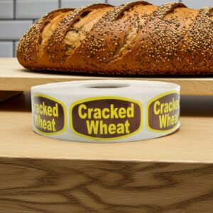 cracked wheat stickers with brown background and yellow text