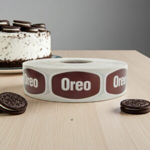 oreo sticker with a brown background and white text
