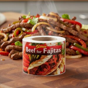 beef for fajitas rectangle label with a fajita in the background and the text beef for fajitas in white