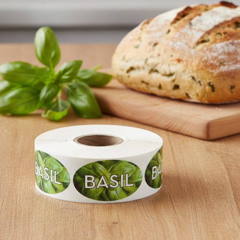 568134 Basil-Sticker basil label with green leaf basil in the background and the word basil on the front on a roll of stickers