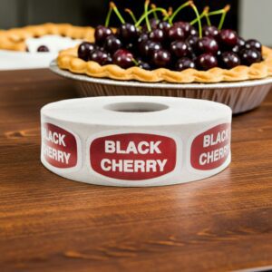 black cherry label on a rectangle label with a burgundy background and white text that reads black cherry
