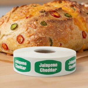 jalapeno cheddar label with green background and white text