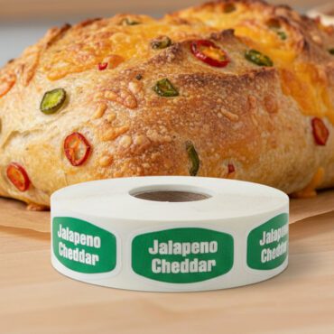 jalapeno cheddar label with green background and white text