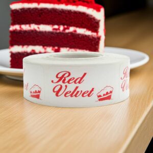 red velvet rectangle label on a white label with red print and an image of a slice of red velvet cake