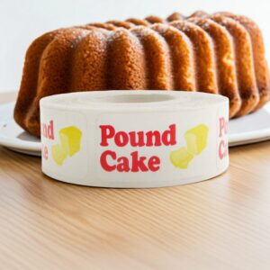 pound cake label on a white rectangle label with red print and an image of yellow pound cake